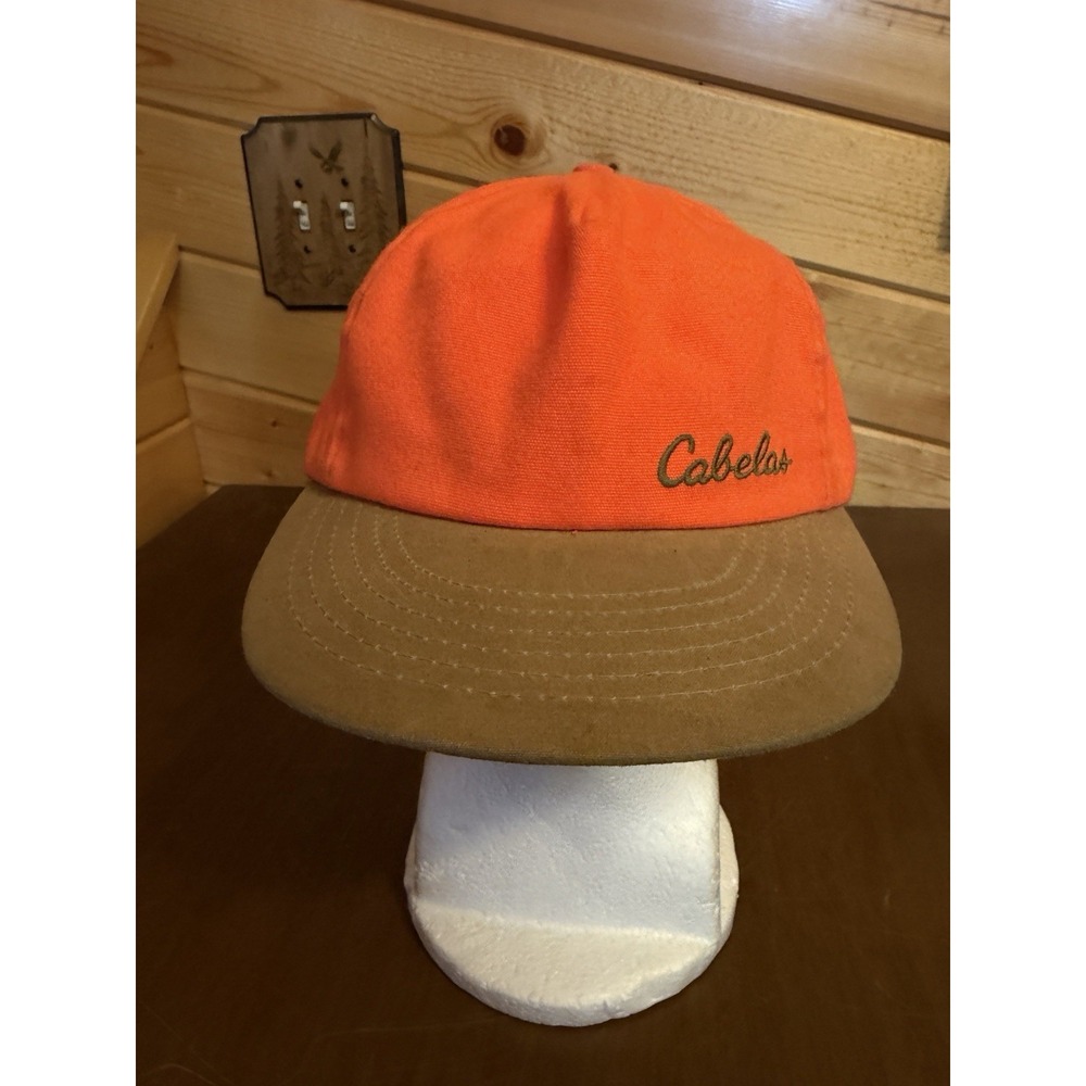 Vintage Cabelas Hat Cap Strap Back Blaze Orange Hat Suede Brim Hunting